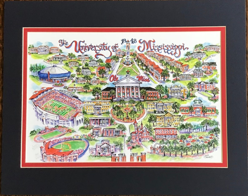 University of Mississippi Ole Miss Pen and Ink Signed and Numbered Watercolor Campus Print by Artist Linda Theobald FREE SHIPPING Navy Mat/Red Inside
