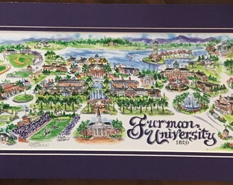 Furman University “Paladins” Pen and Ink Signed and Numbered Watercolor Campus Print by Artist Linda Theobald ***FREE SHIPPING***