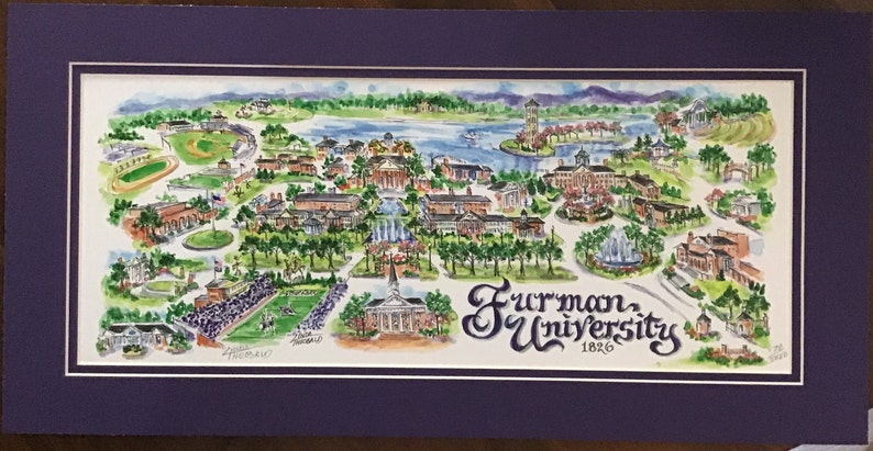 Furman University Paladins Pen and Ink Signed and Numbered Watercolor Campus Print by Artist Linda Theobald FREE SHIPPING Purple/Purple
