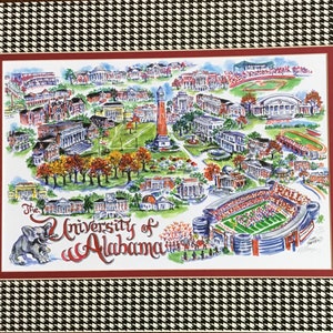 University of Alabama Crimson Tide Pen and Ink Watercolor signed and Numbered Campus Print by Artist Linda Theobald FREE SHIPPING Houndstooth/Crimson