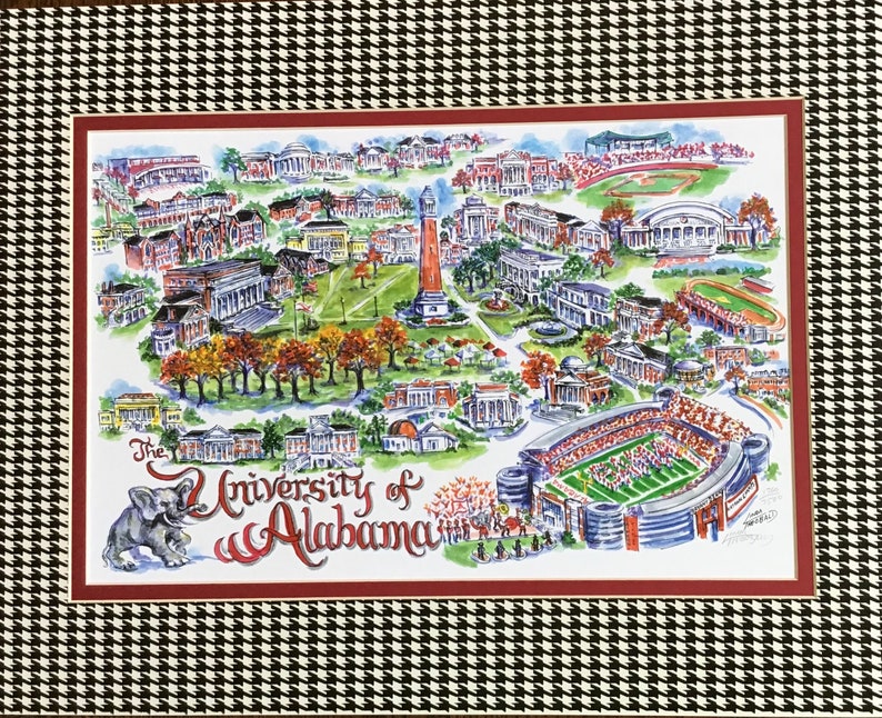 University of Alabama Crimson Tide Pen and Ink Watercolor signed and Numbered Campus Print by Artist Linda Theobald FREE SHIPPING Houndstooth/Crimson