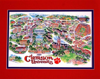 Clemson University “Tigers” Pen and Ink Signed and Numbered Watercolor Campus Print by Artist Linda Theobald ***FREE SHIPPING***