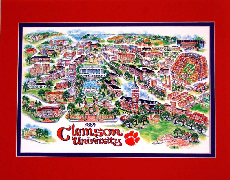 Clemson University Tigers Pen and Ink Signed and Numbered Watercolor Campus Print by Artist Linda Theobald FREE SHIPPING Orange/Purple