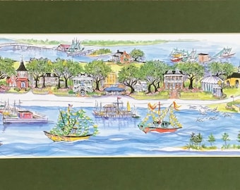 Biloxi, MS “The Point” Pen and Ink Signed and Numbered Watercolor Print by Artist Linda Theobald ***FREE SHIPPING***