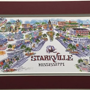 Starkville, MS pen and ink signed and numbered watercolor print by Artist Linda Theobald FREE SHIPPING **Except Hawaii and Alaska