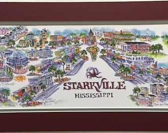 Starkville, MS pen and ink signed and numbered watercolor print by Artist Linda Theobald ***FREE SHIPPING***