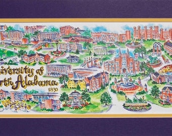 UNIVERSITY of NORTH ALABAMA  "Lions" Pen and Ink Signed and Numbered Watercolor Campus Print by Linda Theobaldu
