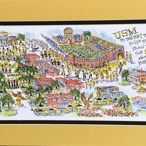 May include: A watercolor illustration of a university campus with a football stadium, buildings, and people walking around. The text "USM TO THE TOP! TO THE TOP! So lift your voices high, Show them the reason why that SOUTHEAST SPIRIT Never will stop. FIGHT! FIGHT! FIGHT! GOEAGLES!" is written in the upper right corner.