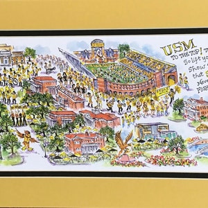 University of Southern Mississippi Game Day Eagle Walk Pen and Ink Watercolor Print by Artist Linda Theobald FREE SHIPPING Yellow/Black Mat