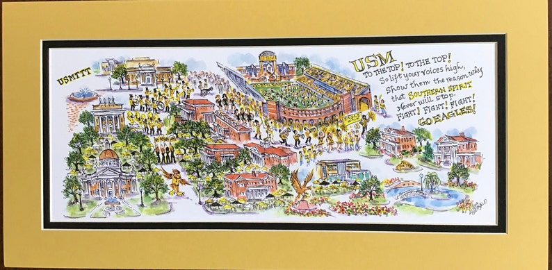 University of Southern Mississippi Game Day Eagle Walk Pen and Ink Watercolor Print by Artist Linda Theobald FREE SHIPPING Yellow/Black Mat