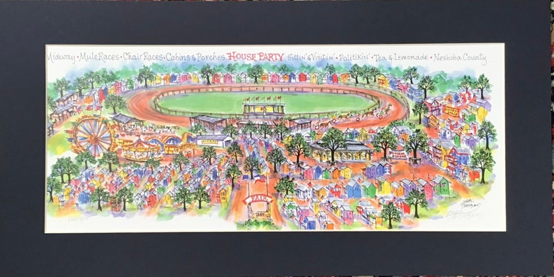 La foire du comté de Neshoba, Mississippi. Une aquarelle signée et numérotée au stylo et à lencre par lartiste Linda Theobald LIVRAISON GRATUITE Navy Blue Mat