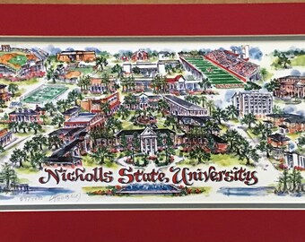 Nicholls State University  - Pen and Ink Signed and Numbered Watercolor Campus Print by Linda Theobald ***FREE SHIPPING***