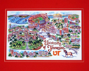 University of Tennessee  “Volunteers” Pen and Ink Signed and Numbered Watercolor Campus Print by Artist Linda Theobald ***FREE SHIPPING***