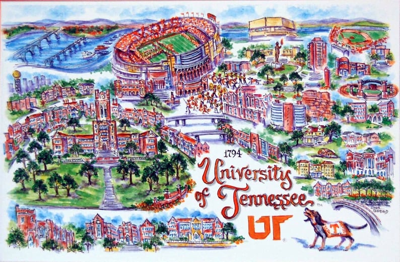 University of Tennessee Volunteers Pen and Ink Signed and Numbered Watercolor Campus Print by Artist Linda Theobald FREE SHIPPING No Mat 12" X 18"