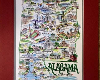 State of Alabama Signed and Numbered Pen and Ink Watercolor Print by Artist Linda Theobald ***FREE SHIPPING***