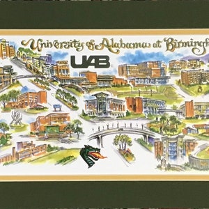 University of Alabama at Birmingham “Blazers” Pen and Ink Signed and Numbered Watercolor Campus Print by Linda Theobald ***FREE SHIPPING***