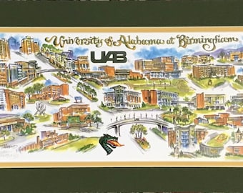 University of Alabama at Birmingham “Blazers” Pen and Ink Signed and Numbered Watercolor Campus Print by Linda Theobald ***FREE SHIPPING***