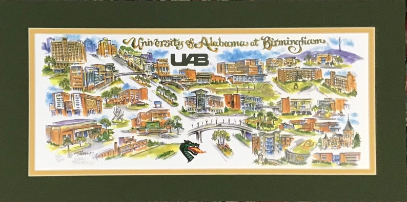 University of Alabama at Birmingham Blazers Pen and Ink Signed and Numbered Watercolor Campus Print by Linda Theobald FREE SHIPPING image 1