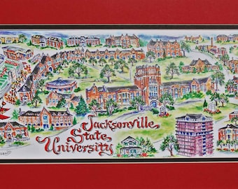 Jacksonville State University  “Gamecocks” Pen and Ink Signed and Numbered Watercolor Campus Print by Artist Linda Theobald *FREE SHIPPING*