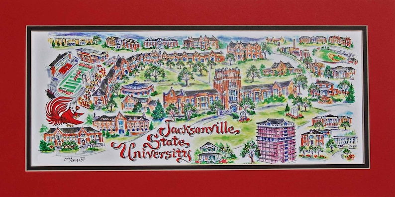 Jacksonville State University Gamecocks Pen and Ink Signed and Numbered Watercolor Campus Print by Artist Linda Theobald FREE SHIPPING Red/Black