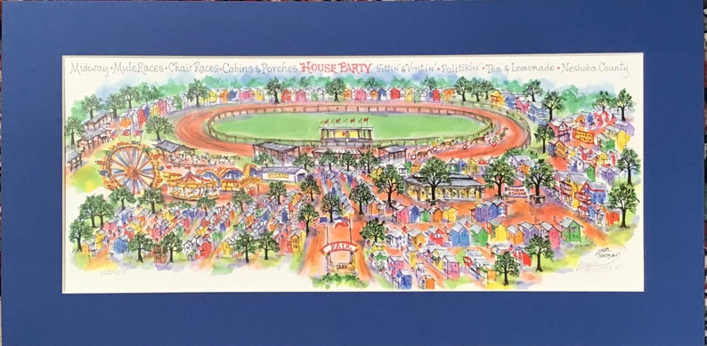 La foire du comté de Neshoba, Mississippi. Une aquarelle signée et numérotée au stylo et à lencre par lartiste Linda Theobald LIVRAISON GRATUITE Royal Blue Mat