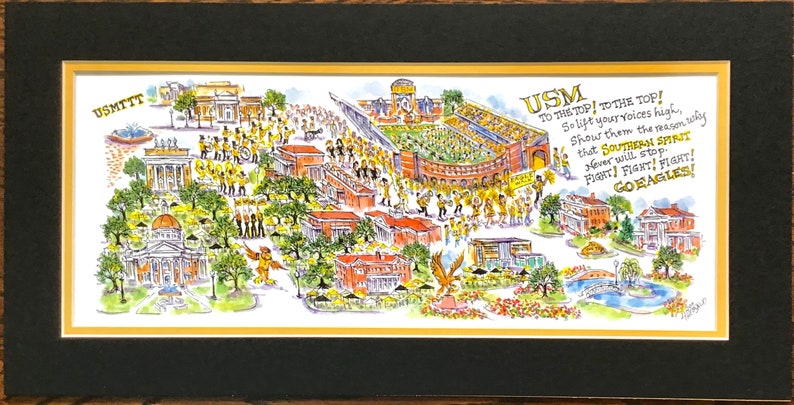 University of Southern Mississippi Game Day Eagle Walk Pen and Ink Watercolor Print by Artist Linda Theobald FREE SHIPPING Black/Yellow Mat