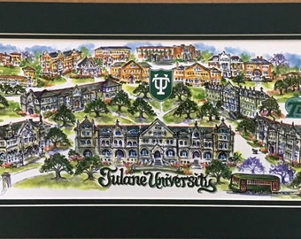 Tulane University  - Pen and Ink Signed and Numbered Watercolor Campus Print by Linda Theobald ***FREE SHIPPING***