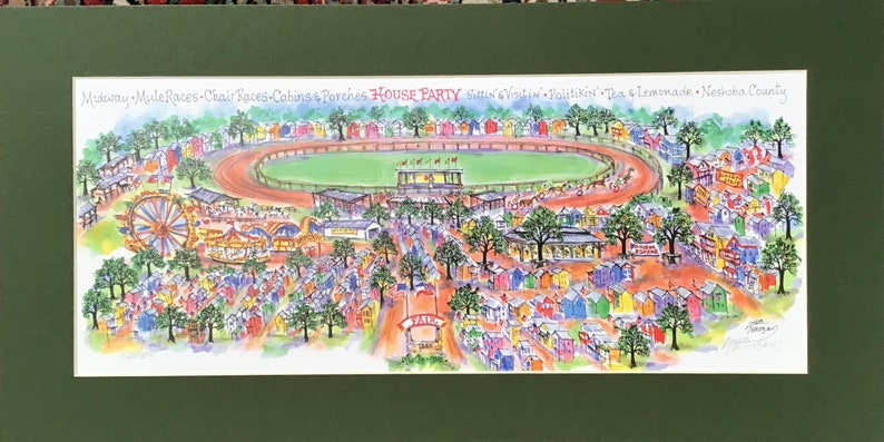 La foire du comté de Neshoba, Mississippi. Une aquarelle signée et numérotée au stylo et à lencre par lartiste Linda Theobald LIVRAISON GRATUITE Green Mat