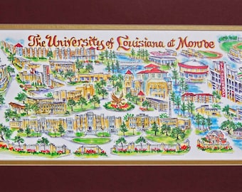 University of Louisiana at Monroe “Warhawks” Pen and Ink Signed and Numbered Watercolor Campus Print by Linda Theobald ***FREE SHIPPING***