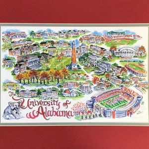 University of Alabama  "Crimson Tide" Pen and Ink Watercolor signed and Numbered Campus Print by Artist Linda Theobald ***FREE SHIPPING***