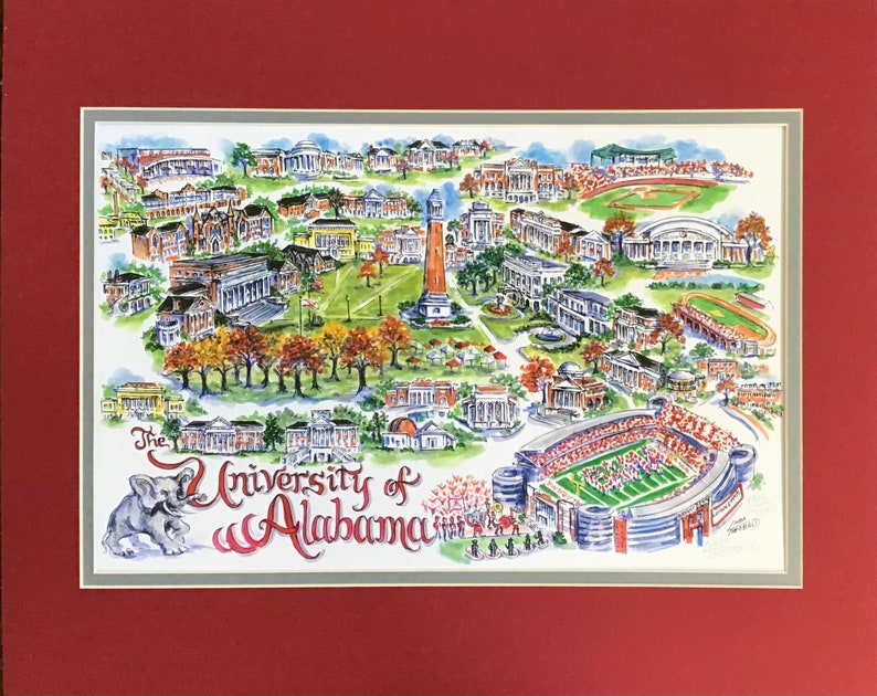 University of Alabama Crimson Tide Pen and Ink Watercolor signed and Numbered Campus Print by Artist Linda Theobald FREE SHIPPING Crimson/Gray