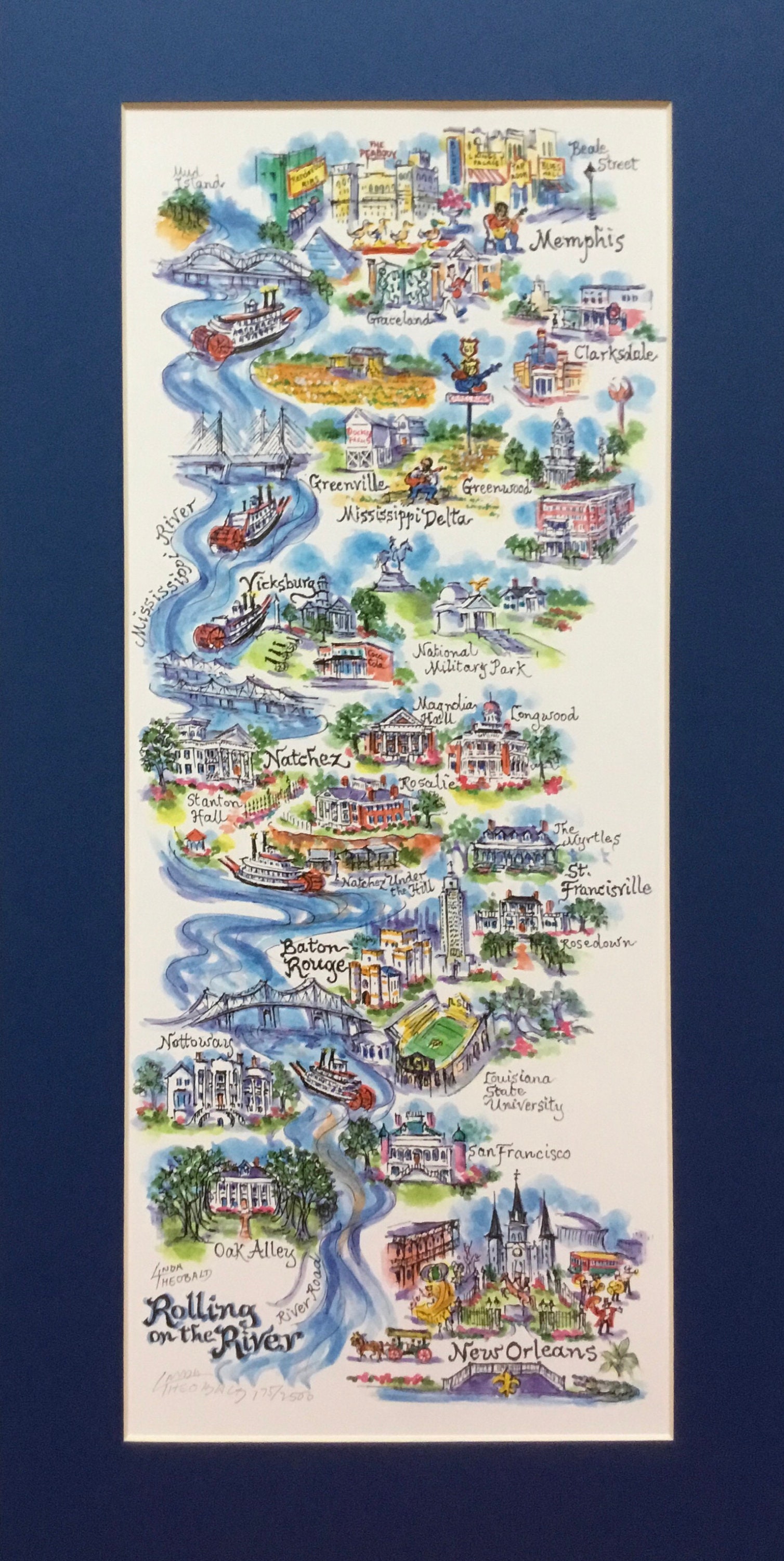 Rolling on the Mississippi River Limited Edition Watercolor Print by Artist Linda Theobald FREE SHIPPING **Except Hawaii & Alaska