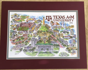 Texas A & M “AGGIES” Pen and Ink Signed and Numbered Watercolor Campus Print by Artist Linda Theobald ***FREE SHIPPING***