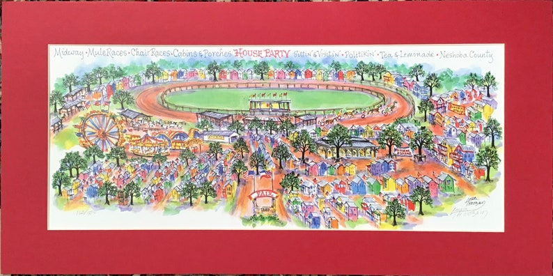 La foire du comté de Neshoba, Mississippi. Une aquarelle signée et numérotée au stylo et à lencre par lartiste Linda Theobald LIVRAISON GRATUITE Red Mat