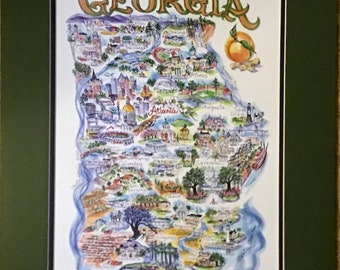 State of Georgia Pen and Ink Signed and Numbered Watercolor Print by Artist Linda Theobald ***FREE SHIPPING***