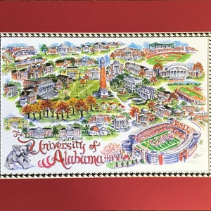 University of Alabama Crimson Tide Pen and Ink Watercolor signed and Numbered Campus Print by Artist Linda Theobald FREE SHIPPING Crimson/Houndstooth