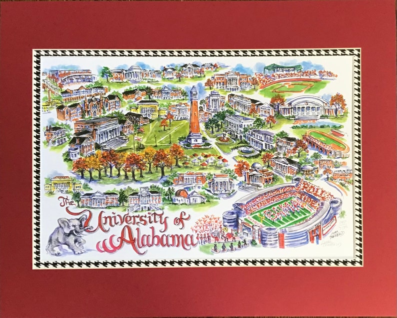 University of Alabama Crimson Tide Pen and Ink Watercolor signed and Numbered Campus Print by Artist Linda Theobald FREE SHIPPING Crimson/Houndstooth