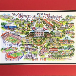 University of Mississippi Ole Miss Pen and Ink Signed and Numbered Watercolor Campus Print by Artist Linda Theobald FREE SHIPPING Red Mat/Navy Inside