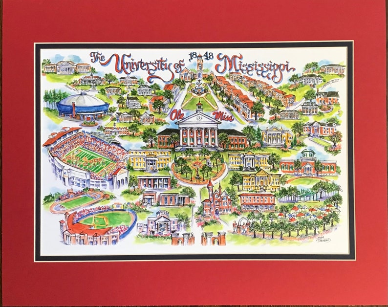 University of Mississippi Ole Miss Pen and Ink Signed and Numbered Watercolor Campus Print by Artist Linda Theobald FREE SHIPPING Red Mat/Navy Inside
