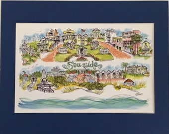 SEASIDE, FL pen and ink signed and numbered watercolor print in a 16 X 20 royal blue mat