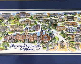 Mississippi University for Women Pen and Ink Signed and Numbered Watercolor Campus Print by Artist Linda Theobald ***FREE SHIPPING***