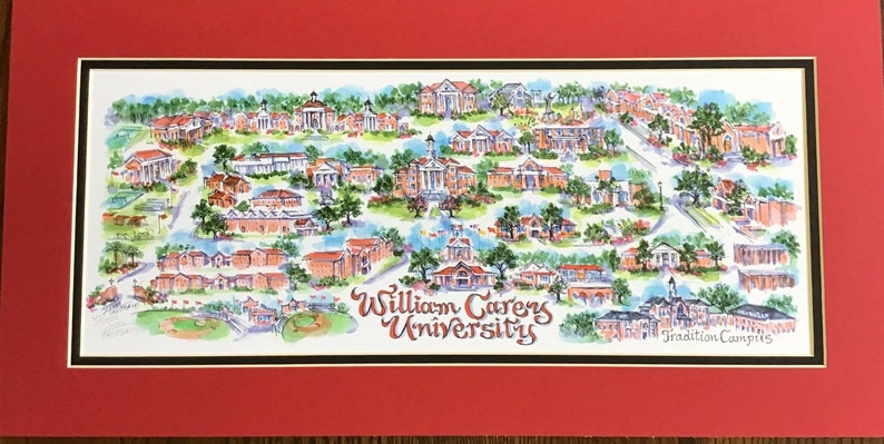 William Carey University Pen and Ink Signed and Numbered Watercolor Campus Print by Artist Linda Theobald FREE SHIPPING Red/Black Mat