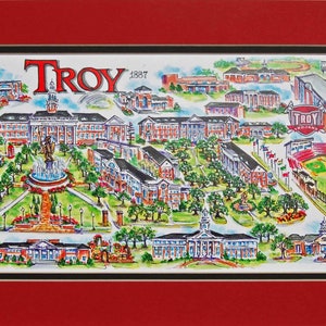 Troy “Trojans” signed and numbered Pen and Ink Watercolor Campus Print by Artist Linda Theobald ***FREE SHIPPING***