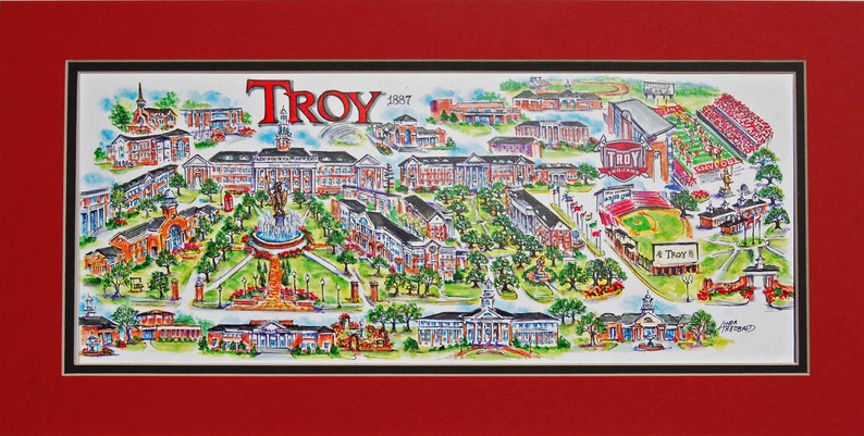 Troy Trojans signed and numbered Pen and Ink Watercolor Campus Print by Artist Linda Theobald FREE SHIPPING Red/Black