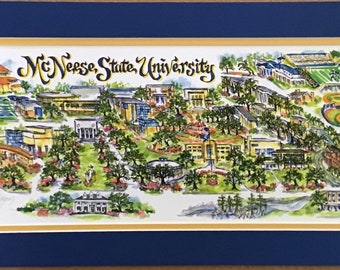 McNeese State University “Cowboys”  - Pen and Ink Signed and Numbered Watercolor Campus Print by Linda Theobald ***FREE SHIPPING***