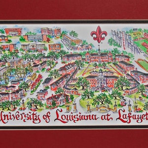 University of Louisiana at Lafayette “Ragin'” Cajuns Pen and Ink Signed and Numbered Watercolor Campus Print by Linda Theobald FREE SHIPPING