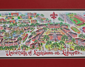 University of Louisiana at Lafayette “Ragin'” Cajuns Pen and Ink Signed and Numbered Watercolor Campus Print by Linda Theobald FREE SHIPPING