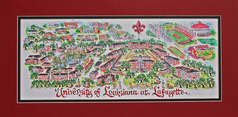 University of Louisiana at Lafayette Ragin' Cajuns Pen and Ink Signed and Numbered Watercolor Campus Print by Linda Theobald FREE SHIPPING Vermillion/Black