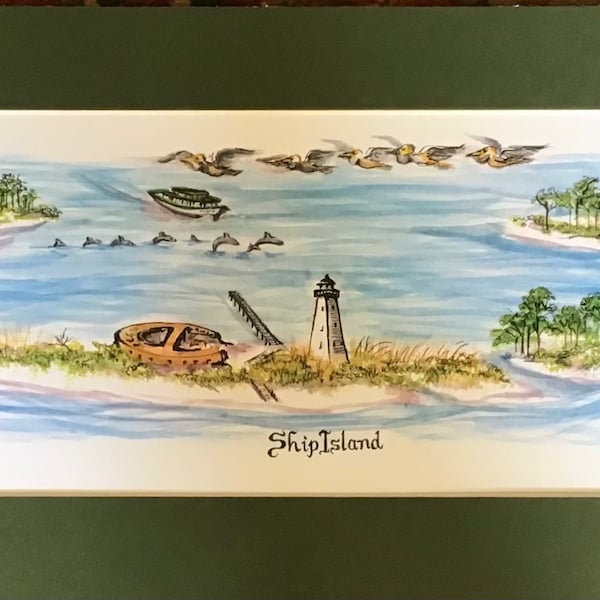 Ship, Horn, Cat Island Signed and Numbered Pen and Ink Watercolor Print by Linda Theobald FREE SHIPPING **Except Hawaii & Alaska**