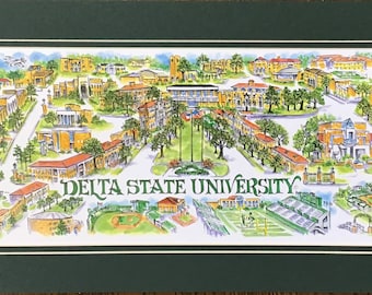 Delta State University “Fighting Okra” Pen and Ink Signed and Numbered Watercolor Campus Print by Artist Linda Theobald ***FREE SHIPPING***